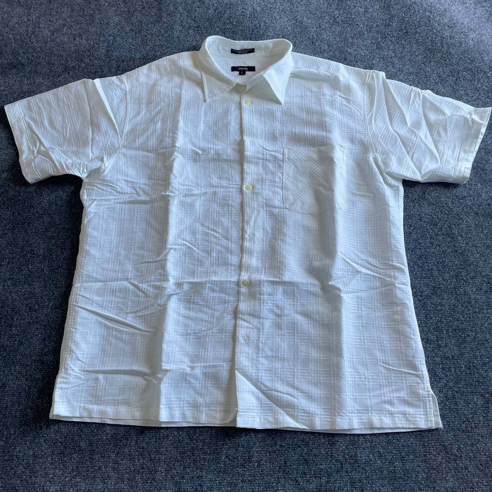 Alfani Mens Large White Textured Grid Short Sleeve Button Down Shirt Rayon Blend
